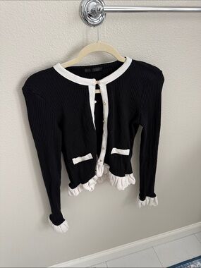 Zara Black and White Ruffle-Trim Knit Cardigan